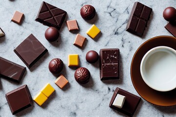 Canvas Print - Dark and caramel chocolate with sweets and cup of milk on marble table., created with generative ai