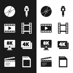 Sticker - Set Play Video, CD or DVD disk, Microphone, Monitor with 8k, 4k Ultra HD, SD card and Movie clapper icon. Vector