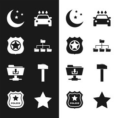 Wall Mural - Set Folder tree, Police badge, Moon and stars, Car wash, FTP folder download and Hammer icon. Vector