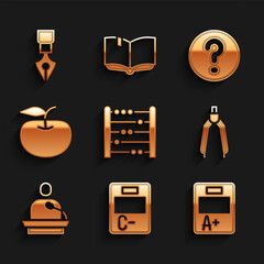 Sticker - Set Abacus, Exam paper with incorrect answers, sheet plus grade, Drawing compass, Gives lecture, Apple, Speech bubbles Question and Fountain pen nib icon. Vector