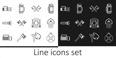 Sticker - Set line Canteen water bottle, Crossed wooden axe, Flashlight, Rafting boat and Thermos container icon. Vector