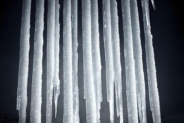 Sticker - Large long ice icicles on house on black background., created with generative ai