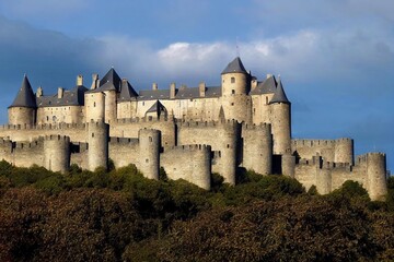 Canvas Print - Old stone castle or fortress on hill and beautiful nature view background digital illustration., created with generative ai