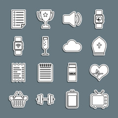 Poster - Set line Television tv, Heart rate, Pope hat, Speaker volume, Glass of champagne, Smartwatch with wireless, Document and Cloud icon. Vector