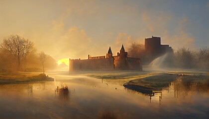 Canvas Print - Medieval dark castle at beautiful sunset background digital illustration., created with generative ai