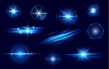 Wall Mural - Blue light flare and flash effect. Vector star glow, shiny glare, bright twinkle or explosion effect with radiant beams. Sparkles and magic flare, glitter and fireworks isolated realistic 3d set