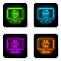 Wall Mural - Glowing neon line Electric plug icon isolated on white background. Concept of connection and disconnection of the electricity. Black square button. Vector