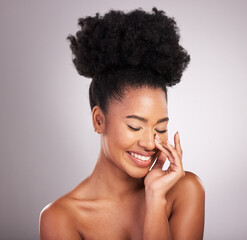 Poster - Skincare, beauty and smile, black woman with happiness, white background and cosmetics. Health, dermatology and natural makeup and African model in studio for healthy skin care and wellness