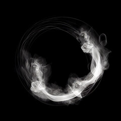 white smoke whirlpool with empty circle frame inside on black background, generative ai. white smoke
