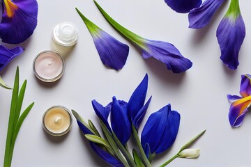 Canvas Print - Purple beautiful iris flowers with petals on white background with scented candles., created with generative ai