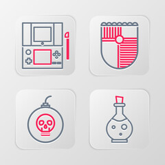 Poster - Set line Bottle with magic elixir, Bomb ready to explode, Shield for game and Portable video console icon. Vector