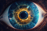 Fototapeta Kosmos - Cosmic human eyes in close range with Generative AI technology