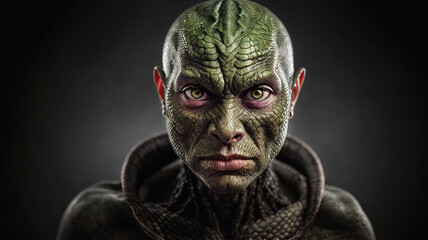 closeup of humanoid alien reptilian face with scary angry face with green brown skin and green eyes on dark background, generative AI