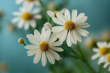 Poster - Beautiful flowers two white daisies on blurry background., created with generative ai