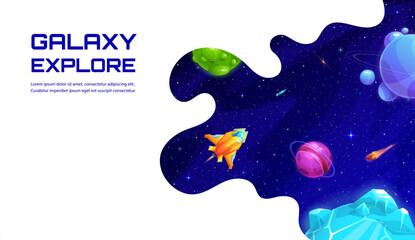 Wall Mural - space landing page, cartoon spaceship in starry galaxy. vector background with spacecraft travel in 