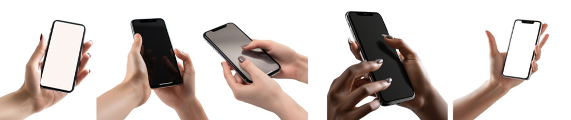 set of woman's hands using smartphone screen is on, isolated on blank background PNG