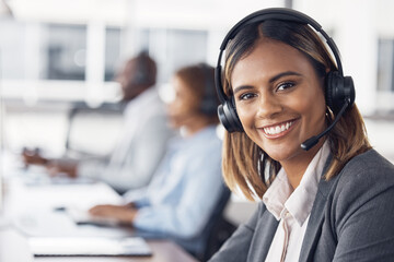 Poster - Woman, call center and portrait smile with headset for telemarketing, customer service or support at office desk. Happy female consultant or agent smiling with headphones for online advice or help