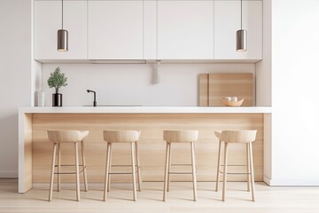 Poster - A close up of a light wood kitchen bar with three stools nearby. A white cabinet and a section of blank wall are present. a mockup Toned picture. Generative AI