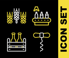 Sticker - Set line Conveyor band, beer, Wine corkscrew, Pack of bottles and Wheat icon. Vector