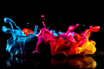 Wall Mural - Abstract multi color paint explosion on black background. Colorful paint splashes on black background. Multicolor paint blast texture. Generative AI colorful paint spray on black.