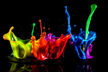 Wall Mural - Abstract multi color paint explosion on black background. Colorful paint splashes on black background. Multicolor paint blast texture. Generative AI colorful paint spray on black.