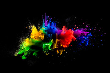 Abstract multi color smoke explosion on black background. Colorful clouds on black background. Colorful smoke texture. Generative AI colorful fume on black background.