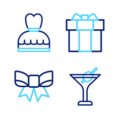 Poster - Set line Martini glass, Gift bow, box and Woman dress icon. Vector