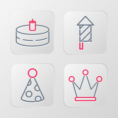 Sticker - Set line Crown, Party hat, Firework rocket and Cake with burning candles icon. Vector