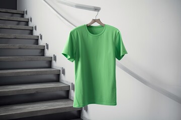 Poster - White background with a green t shirt mockup hanging on some steps. Generative AI