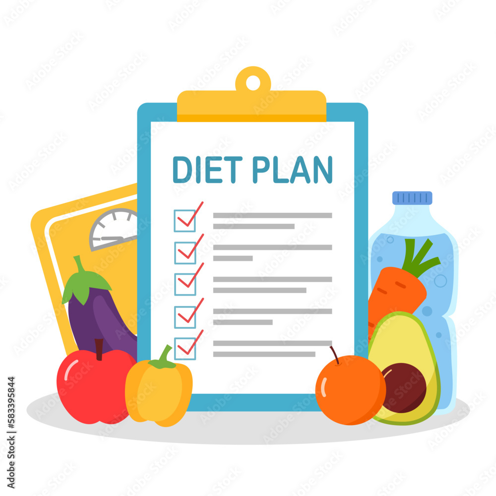 Diet plan schedule with healthy food, drinking water and weight scale.  Stock Vector | Adobe Stock, image size:1000x1000