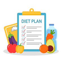 Diet Plan Schedule With Healthy Food, Drinking Water And Weight Scale.