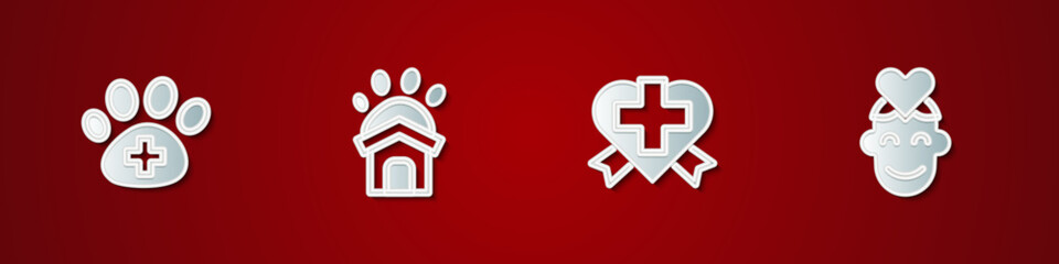 Wall Mural - Set Veterinary clinic, Animal shelter house, Heart with cross and Volunteer icon. Vector