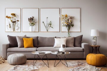 Poster - Cozy interior in style of boho scandi with sofa and shades., created with generative ai