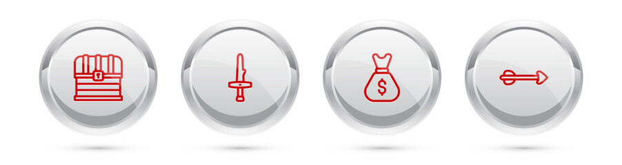 Sticker - Set line Chest, Dagger, Old money bag and Arrow. Silver circle button. Vector