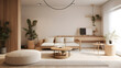 © Kuma - AI Generated, Living room in warm tones, wood textures, scandinavian and japanese design aesthetics.