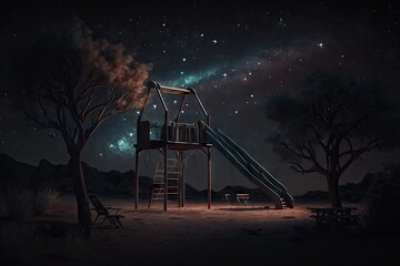 Canvas Print - a playground with a view of the night sky and stars, surrounded by darkness, created with generative ai