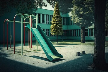 Canvas Print - school playground, empty and quiet during summer break, created with generative ai