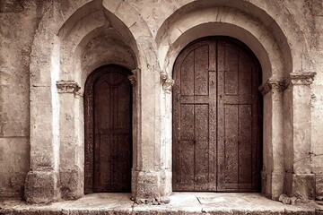 Canvas Print - Dark brown medieval arch door in marble white wall of temple., created with generative ai