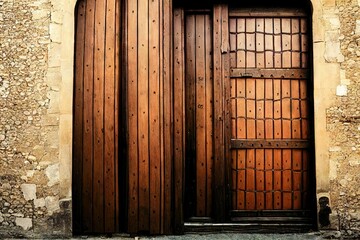 Wall Mural - Wide wooden medieval door made of bars in beige stone wall., created with generative ai