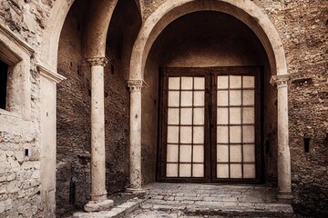 Poster - Semicircular arched medieval door with white columns and glass sashes in stone wall., created with generative ai