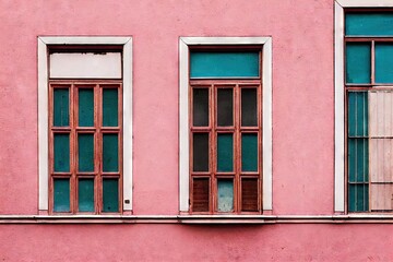 Poster - Bright wooden window with crossbars and medieval door on pink wall., created with generative ai