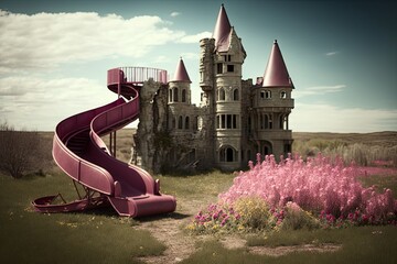 Canvas Print - empty playground with castle and slide, surrounded by blooming flowers, created with generative ai