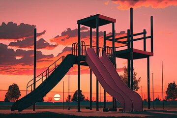 Canvas Print - empty playground at sunset, with orange and pink hues filling the sky, created with generative ai