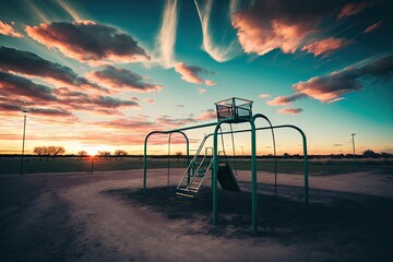 Canvas Print - an empty sports playground with a view of the sunset, showcasing the colors of the sky and clouds, created with generative ai