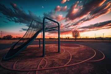 Wall Mural - an empty sports playground with a view of the sunset, showcasing the colors of the sky and clouds, created with generative ai