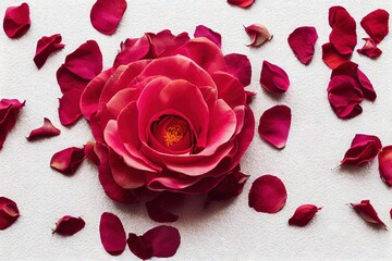 Poster - Large crimson bud of open flower with red rose petals on white table., created with generative ai