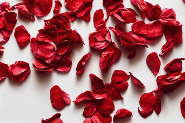Wall Mural - Crumpled red large rose petals on white table., created with generative ai