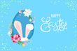 Happy Easter vector illustration on blue background. Trendy Easter design with typography, flowers, egg and bunny ears in soft colors for banner, poster, greeting card.