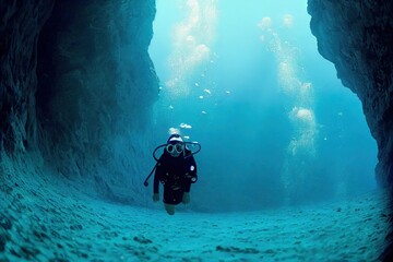 Poster - Lone diver and diver underwater view of deep sea cave., created with generative ai