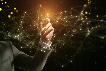 Wall Mural - Close up of businessperson hand pushing and using glowing polygonal mesh interface on dark background. Technology and network concept.